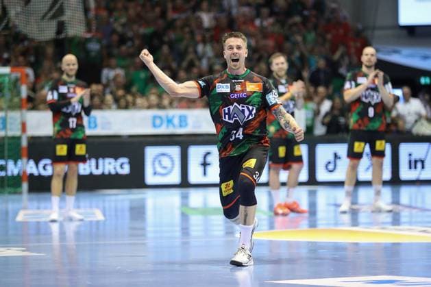 04.06.2025, xtgx, Handball, Daikin HBL, SC Magdeburg - SG Flensburg Handewitt v.l. Michael Damgaard (Magdeburg, 34) Jubel, Torjubel, jubelt ueber das Tor, celebrate the goal, celebration Magdeburg