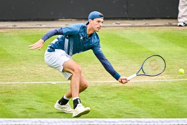 5th June 2025; Edgbaston Priory Club, Birmingham, England: Lexus Birmingham Open Tennis, Day 4; Marc-Andre Huesler (SUI) hits a volley in the match against Otto Virtanen (FIN)  ActionPlus12798340 GodfreyxPitt