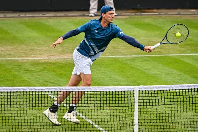 5th June 2025; Edgbaston Priory Club, Birmingham, England: Lexus Birmingham Open Tennis, Day 4; Marc-Andre Huesler (SUI) hits a volley in the match against Otto Virtanen (FIN)  ActionPlus12798341 GodfreyxPitt