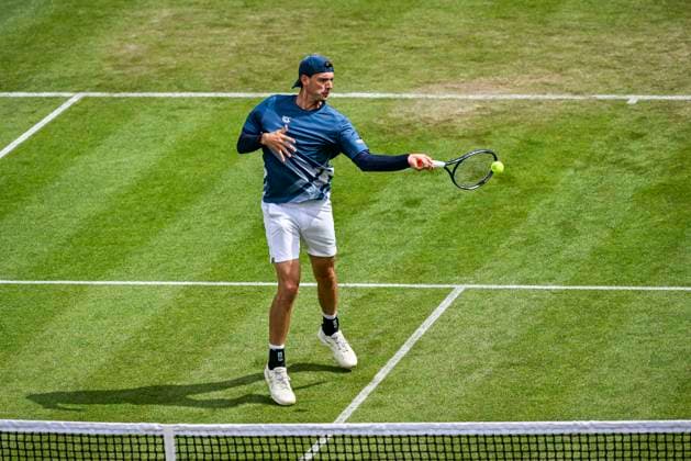 5th June 2025; Edgbaston Priory Club, Birmingham, England: Lexus Birmingham Open Tennis, Day 4; Marc-Andre Huesler (SUI) hits a forehand in the match against Otto Virtanen (FIN)  ActionPlus12798372 GodfreyxPitt