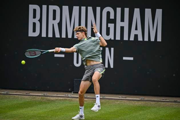 5th June 2025; Edgbaston Priory Club, Birmingham, England: Lexus Birmingham Open Tennis, Day 4; Martin Landaluce (ESP) hits a forehand in the match against Lloyd Harris (RSA)  ActionPlus12798439 GodfreyxPitt