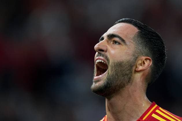 Mikel Merino celebrates after scoring his team s second goal, UEFA Nations League 2025 Semi-final, Spain and France, Stuttgart Arena, June 5, 2025, Stuttgart, Germany.