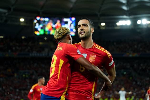 Mikel Merino (Spain) celebrates after scoring second goal during the UEFA Nations League match between Spain and France at Mercedes-Benz Arena Stuttgart Germany on 05 June 2025. Stoccarda Mercedes-Benz Arena Stoccarda Germany Copyright: xPhotoxGoalxPix MatteoxCiambellix SP24-1209-026