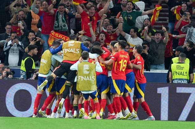 Pedri celebrates after scoring his team s fourth goal with team mates, UEFA Nations League 2025 Semi-final, Spain and France, Stuttgart Arena, June 5, 2025, Stuttgart, Germany.