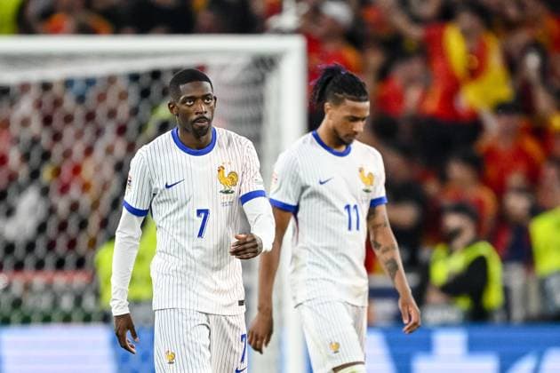 Ousmane DembÃ lÃ (France) und Michael Olise (France) look dejected during the UEFA Nations League 2025 semifinal match between Spain and France at Stuttgart Arena on June 5, 2025 in Stuttgart, Germany. (Photo by Harry Langer DeFodi Images)