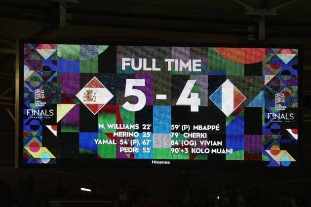 June 5, 2025, Stuttgart, Baden-Wurttemberg, Germany: Final score of the UEFA Nations League 2025 semifinal between SPAIN and FRANCE at the MHP Arena in Stuttgart, Germany Stuttgart Germany - ZUMAc179 20250605_zep_c179_019 Copyright: xMickaelxChavetx
