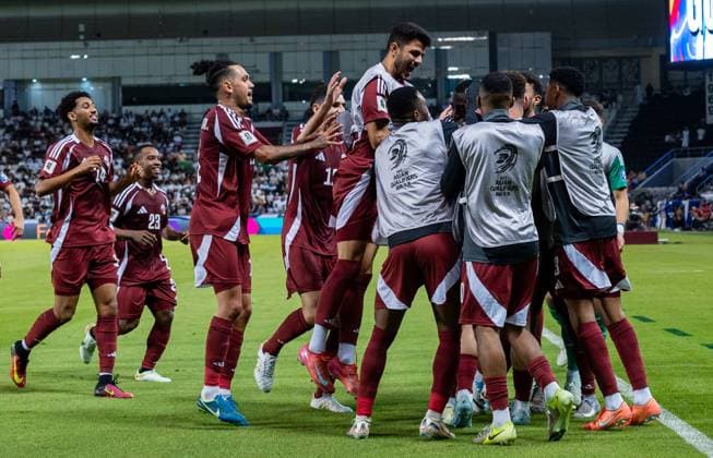 2026 FIFA World Cup, WM, Weltmeisterschaft, Fussball Qualifier -Qatar v Iran Players of Qatar celebrates after scoring the goal during the FIFA World Cup 2026 AFC Asian Qualifiers group A third round match between Qatar and Iran at Jassim Bin Hamad Stadium in Doha, Qatar, on June 5, 2025 DOHA Qatar Copyright: xNOUSHADx