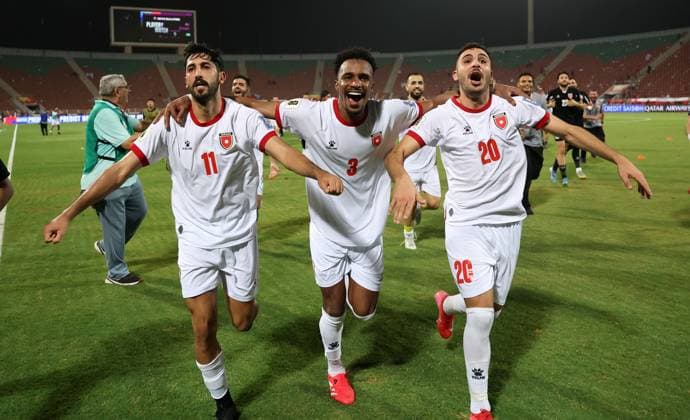 Oman v Jordan - FIFA World Cup, WM, Weltmeisterschaft, Fussball 2026 Qualifier Jordan s players Abdallah Nasib, Yazan Al-Naimat, and Muhannad Abu Taha run after the 2026 FIFA World Cup qualifying match between Oman and Jordan at the Sultan Qaboos Sports Complex Stadium in Muscat, Oman, on June 5. Muscat Oman  Copyright: xAmeenxAhmedx originalFilename:alameen-notitle250605_npcTw.jpg