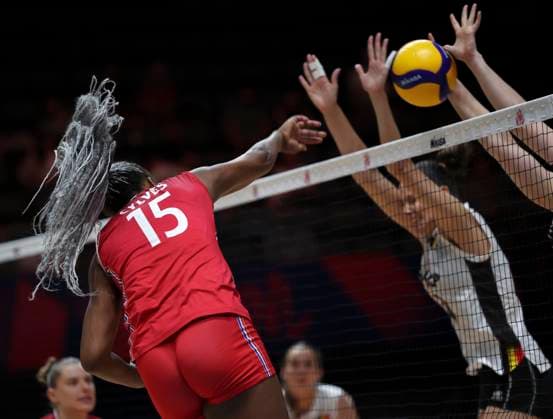 (250606) -- BEIJING, June 6, 2025 -- France s Amandha Sylves (top L) spikes the ball during the Pool 3 match between France and Belgium at the Women s Volleyball Nations League (VNL) 2025 at the National Indoor Stadium in Beijing, China, June 6, 2025. ) (SP)CHINA-BEIJING-VOLLEYBALL-VNL-FRANCE VS BELGIUM (CN) HanxYan 