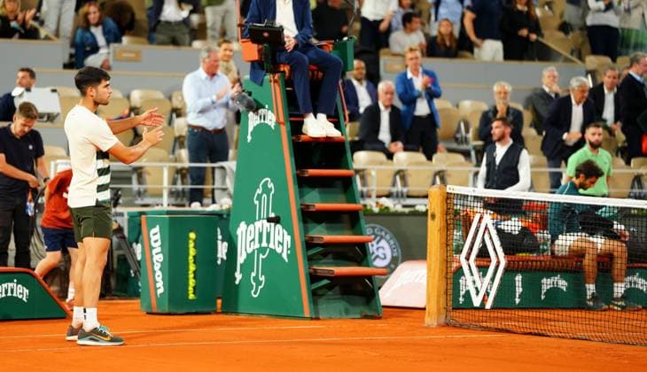 A low key Carlos Alcaraz at the end of the match following the injury to Lorenzo Musetti which forced him to retire French Open Tennis, Day Thirteen, Tennis, Roland Garros, Paris, France - 06 Jun 2025 EDITORIAL USE ONLY No use with unauthorised audio, video, data, fixture lists, club league logos or live services. Online in-match use limited to 120 images, no video emulation. No use in betting, games or single club league player publications.  Copyright: xJavierxGarcia Shutterstockx 15338000n