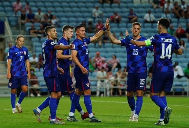 UEFA European Qualifiers Gibraltar v Croatia FARO-LOULE, PORTUGAL - JUNE 6: Franjo Ivanovic of Croatia celebrates with teammates after scoring a goal during the UEFA European Qualifiers Group L match between Gibraltar and Croatia at Estadio Algarve on June 6, 2025 in Faro-Loule, Portugal.  GualterxFatia