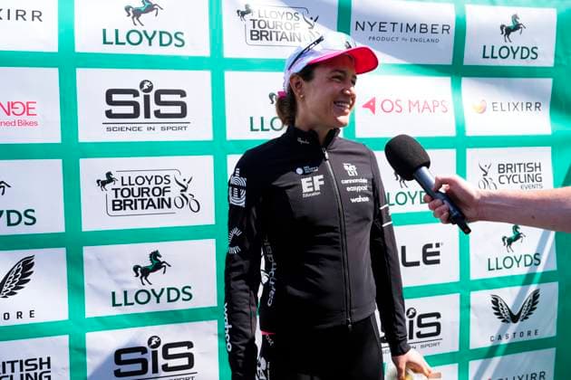 2025 Lloyds Tour of Britain Women Picture by Olly Hassell SWpix.com - 06 06 2025 - Cycling - UCI Women s World Tour - 2025 Lloyds Tour of Britain Women - Stage 2: Hartlepool to Saltburn-by-the-Sea - Kristen Faulkner (EF Education-Oatly) being interviewed Copyright: x xSWpix.comx(t axPhotographyxHubxLtd)xOllyxHassell SWpix.comx SWP-2945-0236