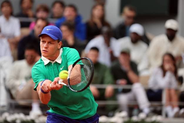 Top-seeded Jannik Sinner of Italy plays against Serb Novak Djokovic during their semi-final match at the French Tennis Open in Roland Garros in Paris, France, on Friday, June 6, 2025. Sinner won 6-4, 7-5, 7-6 and advanced to the final.  PAR20250607209 MAYAxVIDON-WHITE