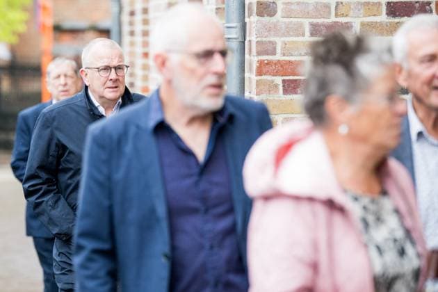 Bob Verbeeck arrives for the funeral ceremony of former Belgian cyclist Ludo Dierckxsens (60), in Westerlo, on Saturday 07 June 2025. Dierckxsens died during the 1000km charity bike ride of Kom op tegen Kanker on 29 May 2025. He was a professional cyclist between 1992 and 2005 and was best known for winning the 11th stage of the 1999 Tour de France. JASPERxJACOBS  x0821718582stx