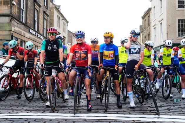 2025 Lloyds Tour of Britain Women Picture by Olly Hassell SWpix.com - 07 06 2025 - Cycling - UCI Women s World Tour - 2025 Lloyds Tour of Britain Women - Stage 3: The Scottish Borders Stage, Kelso - (Left to Right) - Kristen Faulkner (EF Education-Oatly) General Classification jersey, Mara Roldan (Team Picnic PostNL) Points Classification Jersey and Anouska Koster (Uno-X Mobility) in the Queen of the Mountains Jersey both held by Kristen Faulkner (EF Education-Oatly), Cat Ferguson (Movistar Team) Best Young Rider Jersey Copyright: x xSWpix.comx(t axPhotographyxHubxLtd)xOllyxHassell SWpix.comx SWP-2945-0292