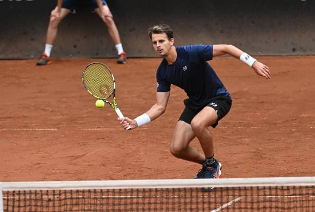 Petr Nouza of Czech Republic plays during the final double match Lukas Pokorny of Slovakia and Dalibor Svrcina of Czech Republic vs Patrik Rikl and Petr Nouza of Czech Republic at the UniCredit Czech Open, ATP, Tennis Herren Challenger tour in Prostejov, Czech Republic, June 7, 2025. (CTKxPhoto LudekxPerina) CTKPhotoP2025060702938  CTKPhotoP2025060702938