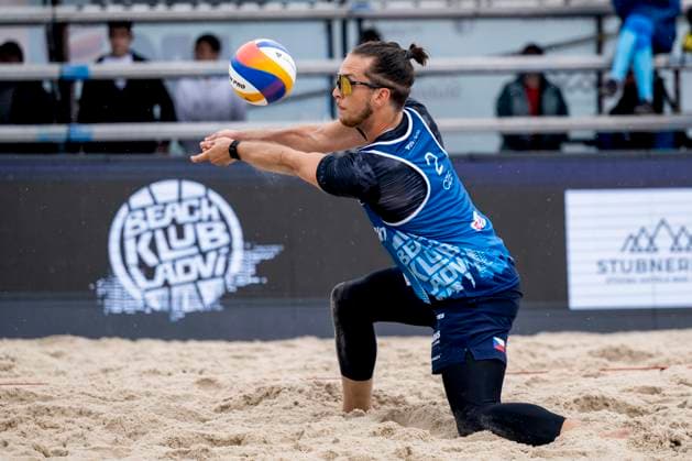 Adam Miroslav Stocek of Czech Republic in action during the round of 16 men match Stavros Ntallas and Dimitrios Chatzinikolau of Greece vs Tomas Semerad and Adam Miroslav Stocek of Czech Republic at the Pro Tour Futures Beach volleyball, Beachvolleyball tournament in Prague, Czech Republic, June 7, 2025. (CTKxPhoto OndrejxDeml) CTKPhotoP2025060703792  CTKPhotoP2025060703792