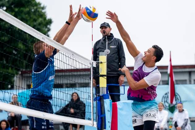 From left Tomas Semerad of Czech Republic and Stavros Ntallas of Greece in action during the round of 16 men match Stavros Ntallas and Dimitrios Chatzinikolau of Greece vs Tomas Semerad and Adam Miroslav Stocek of Czech Republic at the Pro Tour Futures Beach volleyball, Beachvolleyball tournament in Prague, Czech Republic, June 7, 2025. (CTKxPhoto OndrejxDeml) CTKPhotoP2025060703798  CTKPhotoP2025060703798
