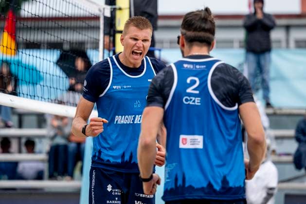 From left Tomas Semerad and Adam Miroslav Stocek of Czech Republic react as they play against Stavros Ntallas and Dimitrios Chatzinikolau of Greece during their round of 16 men match at the Pro Tour Futures Beach volleyball, Beachvolleyball tournament in Prague, Czech Republic, June 7, 2025. (CTKxPhoto OndrejxDeml) CTKPhotoP2025060703804  CTKPhotoP2025060703804