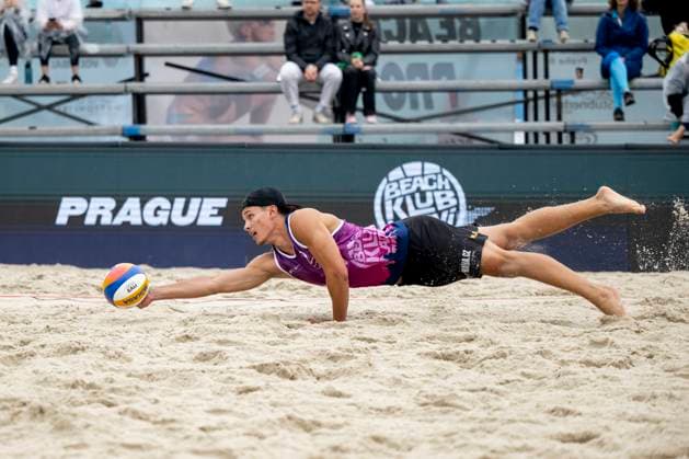 Vaclav Kurka of Czech Republic in action during the round of 16 men match Kristoffer Abell and Villads Flugge Napier of Denmark vs Krystof Jan Oliva and Vaclav Kurka of Czech Republic at the Pro Tour Futures Beach volleyball, Beachvolleyball tournament in Prague, Czech Republic, June 7, 2025. (CTKxPhoto OndrejxDeml) CTKPhotoP2025060703850  CTKPhotoP2025060703850