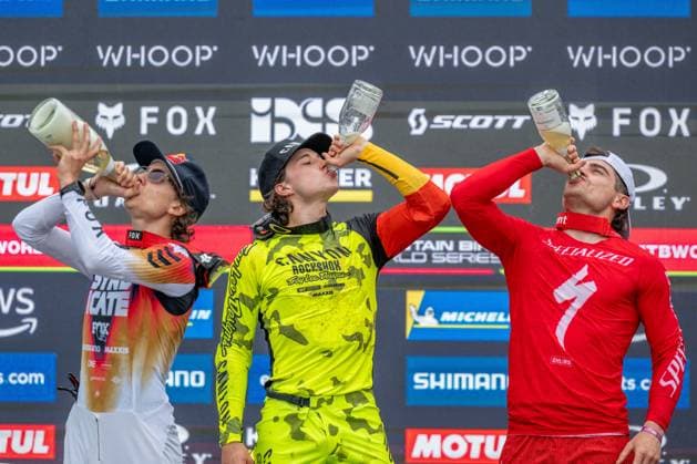 MOUNTAINBIKE - UCI MTB World Series LEOGANG,AUSTRIA,07.JUN.25 - CYCLING, MOUNTAIN BIKE - UCI Mountainbike World Cup, downhill. Image shows Jackson Goldstone (CAN), Henri Kiefer (GER) and Loic Bruni (FRA).  GEPAxpictures xWolfgangxKofler