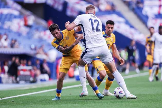 June 7, 2025, Cornella, Barcelona, SPAIN: Ricard Fernandez of Andorra and Dan Burn of England compete for the ball during the UEFA European Qualifiers Grp K MD3, match between Andorra and England at RCDE Stadium on June 07, 2025 in Cornella, Barcelona, Spain. Cornella SPAIN - ZUMAa181 20250607_zaa_a181_153 Copyright: xJavierxBorregox