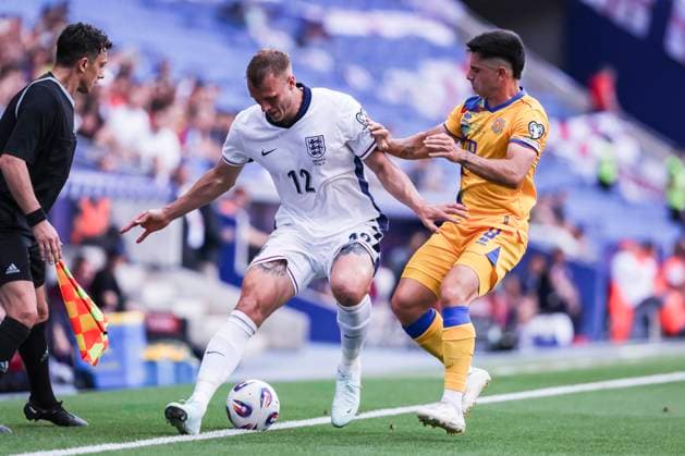 June 7, 2025, Cornella, Barcelona, SPAIN: Dan Burn of England and Ricard Fernandez of Andorra in action during the UEFA European Qualifiers Grp K MD3, match between Andorra and England at RCDE Stadium on June 07, 2025 in Cornella, Barcelona, Spain. Cornella SPAIN - ZUMAa181 20250607_zaa_a181_154 Copyright: xJavierxBorregox