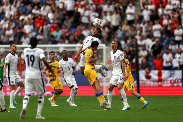Andorra v England 2026 FIFA World Cup, WM, Weltmeisterschaft, Fussball Qualifier 07 06 2025. Group K Reece James (3) of England heads the ball during the 2026 FIFA World Cup Qualifier match between Andorra and England at RCDE Stadium, Barcelona, Spain on 7 June 2025. Editorial use only , Copyright: xNigelxKeenex PSI-22232-0057