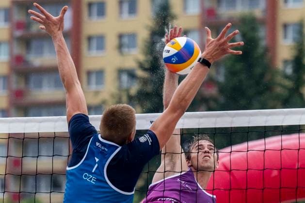 Tomas Semerad, left, and Jakub Sepka of Czech Republic in action during the quarterfinal men double match Jiri Sedlak and Jakub Sepka of Czech Republic vs Tomas Semerad and Adam Miroslav Stocek of Czech Republic at the Pro Tour Futures Beach volleyball, Beachvolleyball tournament in Prague, Czech Republic, June 7, 2025. (CTKxPhoto OndrejxDeml) CTKPhotoP2025060705064  CTKPhotoP2025060705064
