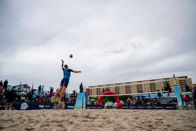 Tomas Semerad of Czech Republic in action during the quarterfinal men double match Jiri Sedlak and Jakub Sepka of Czech Republic vs Tomas Semerad and Adam Miroslav Stocek of Czech Republic at the Pro Tour Futures Beach volleyball, Beachvolleyball tournament in Prague, Czech Republic, June 7, 2025. (CTKxPhoto OndrejxDeml) CTKPhotoP2025060705071  CTKPhotoP2025060705071