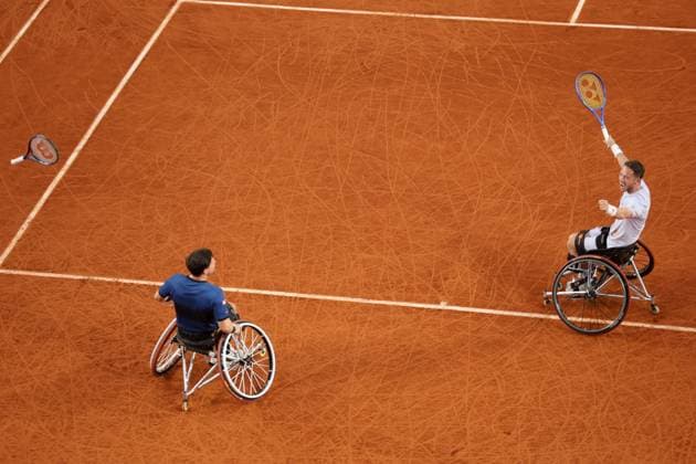 Gordon Reid and Alfie Hewett of GB celebrate on match point French Open Tennis, Day Fourteen, Tennis, Roland Garros, Paris, France - 07 Jun 2025 EDITORIAL USE ONLY No use with unauthorised audio, video, data, fixture lists, club league logos or live services. Online in-match use limited to 120 images, no video emulation. No use in betting, games or single club league player publications. Copyright: xEllaxLing Shutterstockx 15346222bw