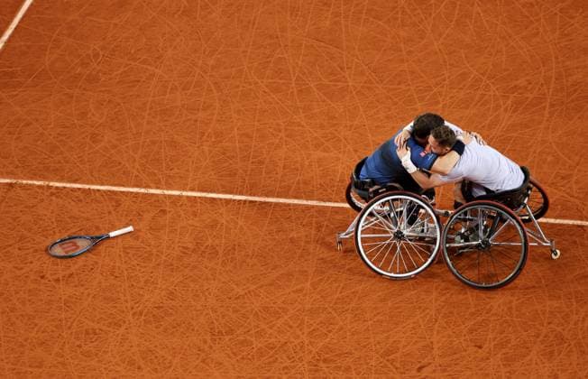 Gordon Reid and Alfie Hewett of GB celebrate on match point French Open Tennis, Day Fourteen, Tennis, Roland Garros, Paris, France - 07 Jun 2025 EDITORIAL USE ONLY No use with unauthorised audio, video, data, fixture lists, club league logos or live services. Online in-match use limited to 120 images, no video emulation. No use in betting, games or single club league player publications. Copyright: xEllaxLing Shutterstockx 15346222bs