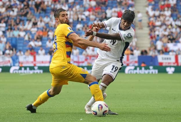 Andorra v England - European Qualifiers Group K - FIFA World Cup, WM, Weltmeisterschaft, Fussball 2026 Noni Madueke and Biel Borra play during the match between the national teams of Andorra and England, corresponding to Matchday 3 A of Group K of the World Cup Qualifying, at the RCDE Stadium in Barcelona, Spain, on June 7, 2025. Barcelona Barcelona Spain  Copyright: xUrbanandsportx originalFilename:urbanandsport-andorrav250607_npQJy.jpg