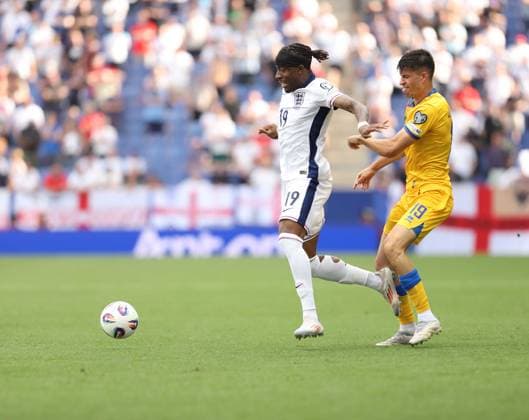 June 7, 2025, Sabadell, Barcelona, Spain: Barcelona Spain 07.06.2025 Joel Guillem (Andorra) and Noni Madueke ( England) battle for the ball during the European Qualifiers between Andorra and England at RCDE Stadium on 07 June 2025 in Barcelona. Sabadell Spain - ZUMAu50_ 20250607_zsp_u50_016 Copyright: xXavixUrgelesx