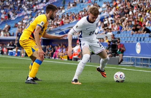 June 7, 2025, Sabadell, Barcelona, Spain: Barcelona Spain 07.06.2025 Biel Borra (Andorra) and Cole Palmer ( England) battle for the ball during the European Qualifiers between Andorra and England at RCDE Stadium on 07 June 2025 in Barcelona. Sabadell Spain - ZUMAu50_ 20250607_zsp_u50_007 Copyright: xXavixUrgelesx