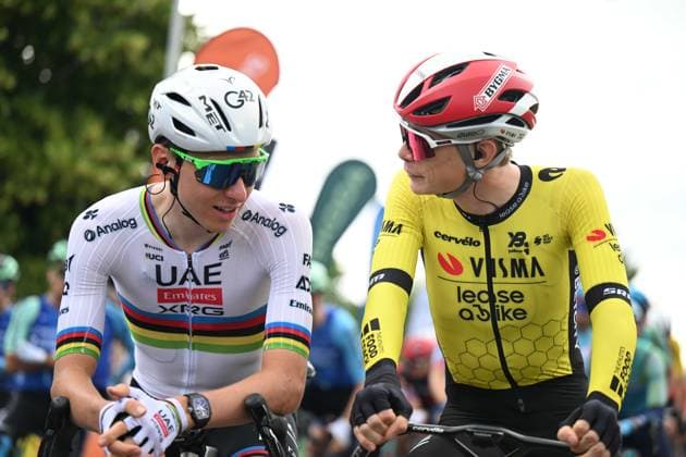 08-06-2025 Criterium Du Dauphine Libere; Tappa 01 Domerat - Montlucon; 2025, Uae Team Emirates - Xrg; 2025, Visma - Lease A Bike; Pogacar, Tadej; Vingegaard, Jonas; Domerat; 