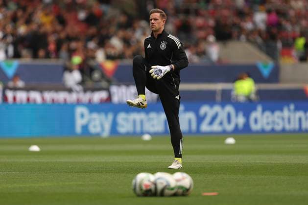 Torwart Marc-AndrÃ ter Stegen (Deutschland) warm(s) up during the UEFA Nations League 2025 third place match between Germany and France at Stuttgart Arena on June 8, 2025 in Stuttgart, Germany. (Photo by Oliver Kaelke DeFodi Images)