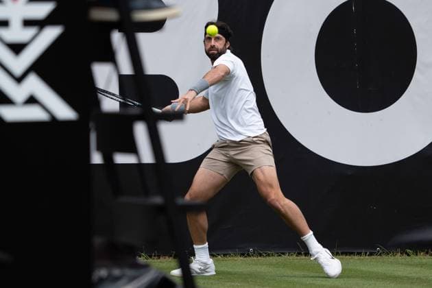 Den Ball vor den Augen von Nikolos Bassilaschwili, James Duckworth vs. Nikolos Bassilaschwili, Tennis, ATP, Tennis Herren Turnier, Boss-Open, Court No. 1, Colosseum, Qualifikation, 08.06.2025, James Duckworth vs. Nikolos Bassilaschwili, Tennis, ATP-Turnier, Boss-Open, Court No. 1, Colosseum, Qualifikation, 08.06.2025, Stuttgart Copyright: xEibner-Pressefoto EdwardxCheungx EP_ECG