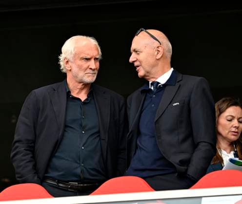 08.06.2025, Fussball UEFA Nations League 2024 25, Spiel um Platz 3, Deutschland - Frankreich, in der MHP-Arena Stuttgart, v.l. Sportdirektor Rudi Völler (Deutschland) und DFB Präsident Bernd Neuendorf (Deutschland)