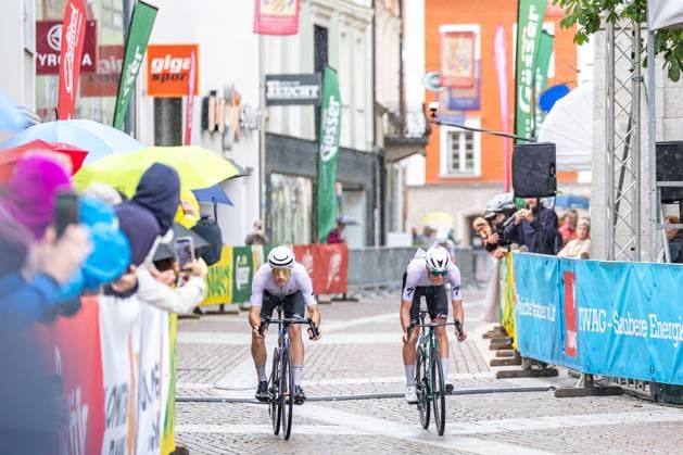 08.06.2025, Lienz, AUT, 37. Dolomitenradrundfahrt, 10. SuperGiroDolomiti, im Bild Jan Kattanek (GER, 2, Platz 110km Dolomitenradrundfahrt), Simon Schupfer (AUT, 3, Platz 110km Dolomitenradrundfahrt) Jan Kattanek (GER 2nd placed 110km Dolomitenradrundfahrt) Simon Schupfer (AUT third placed 110km Dolomitenradrundfahrt) during the 37th Dolomite Cycling Tour and 10th SuperGiroDolomiti. Lienz, Austria on 2025 06 08. Expa Lienz