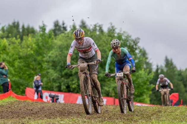 MOUNTAINBIKE - UCI MTB World Series LEOGANG,AUSTRIA,08.JUN.25 - CYCLING, MOUNTAIN BIKE - UCI Mountainbike World Cup, Cross-Country Olympic. Image shows Laura Stigger (AUT) and Savilia Blunk (USA).  GEPAxpictures xWolfgangxKofler