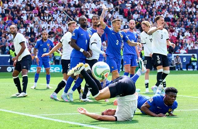 Leon Goretzka, DFB 8 compete for the ball, tackling, duel, header, zweikampf, action, fight against Aurelien Tchouameni 8 of France in the UEFA Nations League 2025 Third Place match GERMANY - FRANCE in Season 2024 2025 at June 8, 2025 in Stuttgart, Germany.