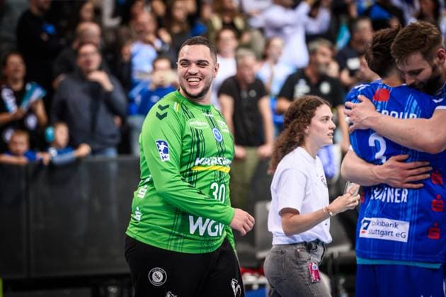 Samir Bellahcene (TVB Stuttgart, 30) - Jubel, Freude, Erleichterung GER, TVB Stuttgart - SC DHfK Leipzig, DAIKIN HBL, Handball, Bundesliga, 34. Spieltag, Spielzeit 2024 2025, 08.06.2025 GER, TVB Stuttgart - SC DHfK Leipzig, DAIKIN HBL, Handball, Bundesliga, 34. Spieltag, Spielzeit 2024 2025, 08.06.2025 Stuttgart Copyright: xSandyxDinkelackerx EP_SDR