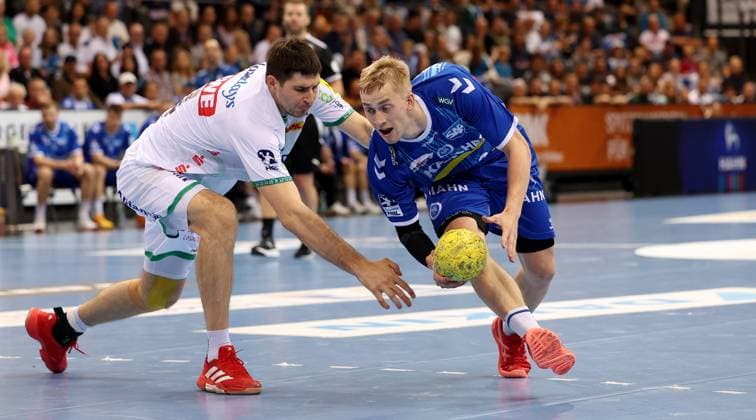 BAU 08.06.2025 Stuttgart Handball TVB Stuttgart vs SC DHFK Leipzig, v.l. Marko Mamic (Leipzig), Torben Matzken (TVB)