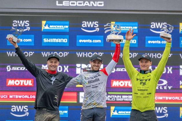 MOUNTAINBIKE - UCI MTB World Series LEOGANG,AUSTRIA,08.JUN.25 - CYCLING, MOUNTAIN BIKE - UCI Mountainbike World Cup, Enduro. Image shows Jack Moir (AUS), Jesse Melamed (CAN) and Slawomir Lukasik (POL).  GEPAxpictures xWolfgangxKofler