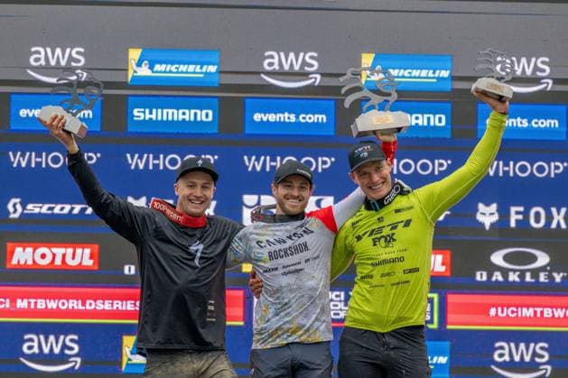 MOUNTAINBIKE - UCI MTB World Series LEOGANG,AUSTRIA,08.JUN.25 - CYCLING, MOUNTAIN BIKE - UCI Mountainbike World Cup, Enduro. Image shows Jack Moir (AUS), Jesse Melamed (CAN) and Slawomir Lukasik (POL).  GEPAxpictures xWolfgangxKofler
