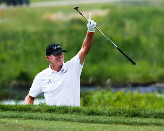 June 8, 2025, Madison, Wisconsin, USA: STEVE STRICKER of the United States exults after hitting out of the deep rough and over a stone wall to put his ball on the green on the second hole during the final round of the 2025 American Family Insurance Championship at TPC Wisconsin in Madison, Wis. Madison USA - ZUMAb262 20250608_znp_b262_019 Copyright: xJeffxM.xBrownx