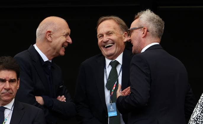 BAU 08.06.2025 Stuttgart Fußball UEFA Nations League Spiel um Platz 3, Deutschland vs. Frankreich, v.l. DfB-Präsident Bernd Neuendorf, Hans-Joachim Watzke (erster stellvertretender Sprecher des Präsidiums des DFL Deutsche Fußball Liga), Alexander Wehrle (Vorstandsvorsitzender VfB Stuttgart AG)