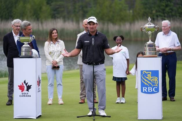 RBC Canadian Open 2025 - Final Round CALEDON, CANADA - JUNE 8 : Ryan Fox of New Zealand speaks during trophy ceremony after winning on fourth playoff hole during the final round of the RBC Canadian Open 2025 at TPC Toronto at Osprey Valley in Caledon, Ontario, Canada on June 8, 2025. Mert Alper Dervis Anadolu Ontario Canada. Editorial use only. Please get in touch for any other usage.  Copyright: x2025xAnadoluxMertxAlperxDervisx