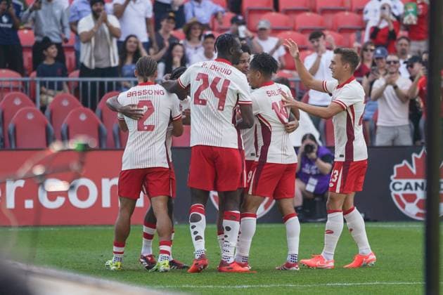 June 7, 2025, Toronto, Ciudad de Mexico, Canada: Canada players celebrating after a goal against Ukraine during the International Friendly, Länderspiel, Nationalmannschaft match between Canada and Ukraine at BMO Field. Final score Canada 4-2 Ukraine. on June 7, 2025 in Toronto, Canada. Toronto Canada - ZUMAe321 20250607_zsa_e321_053 Copyright: xLeonardoxRamirezx